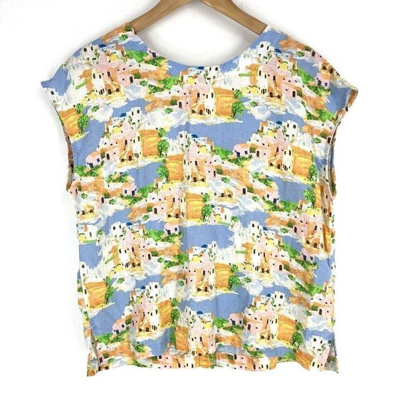 Cynthia Rowley Top Size Medium Linen Greek Island Print Short Sleeve Button Back - Picture 1 of 9